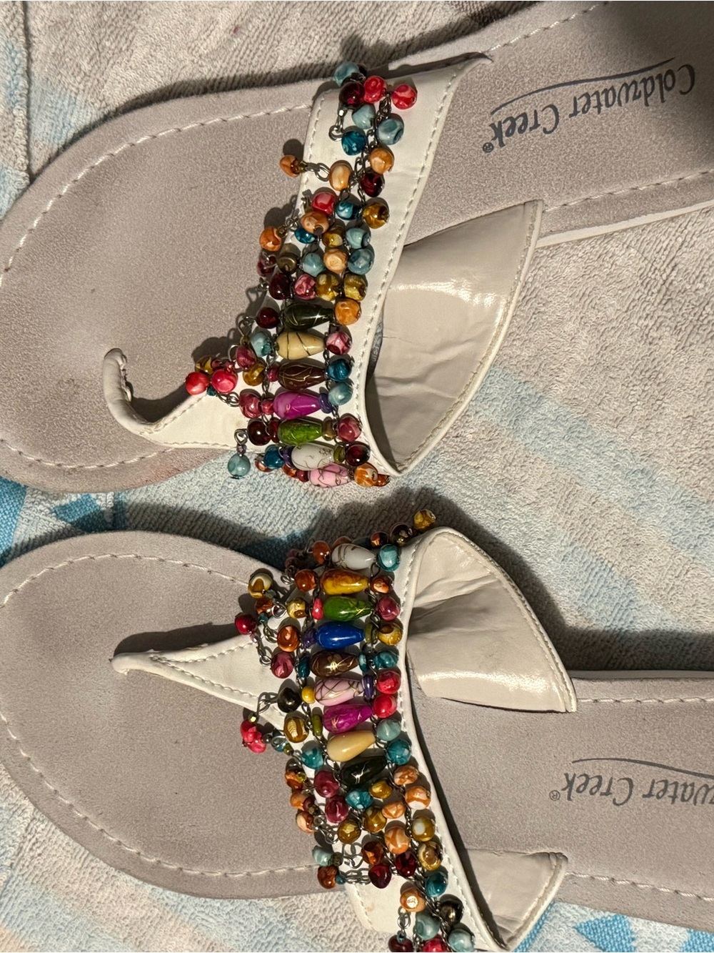 Coldwater Creek White Thong Sandals with Multicolor Bead Embellishments